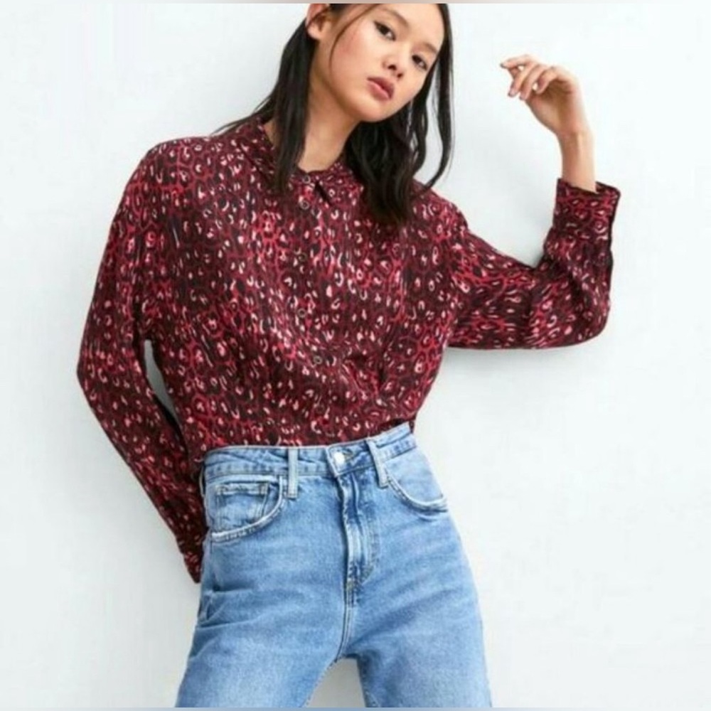 ZARA TRF LEOPARD PRINT BUTTON SHIRT